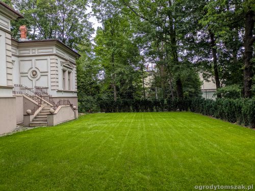 Bielsko-Biała - żywopłot i trawnik przy miejskim dworku